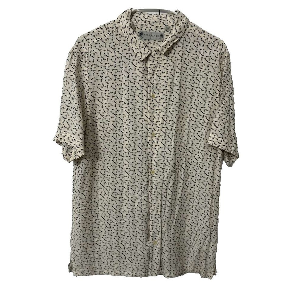 All Saints Musical Note Button Down Polo Shirt Men Large Cream Short Sleeve